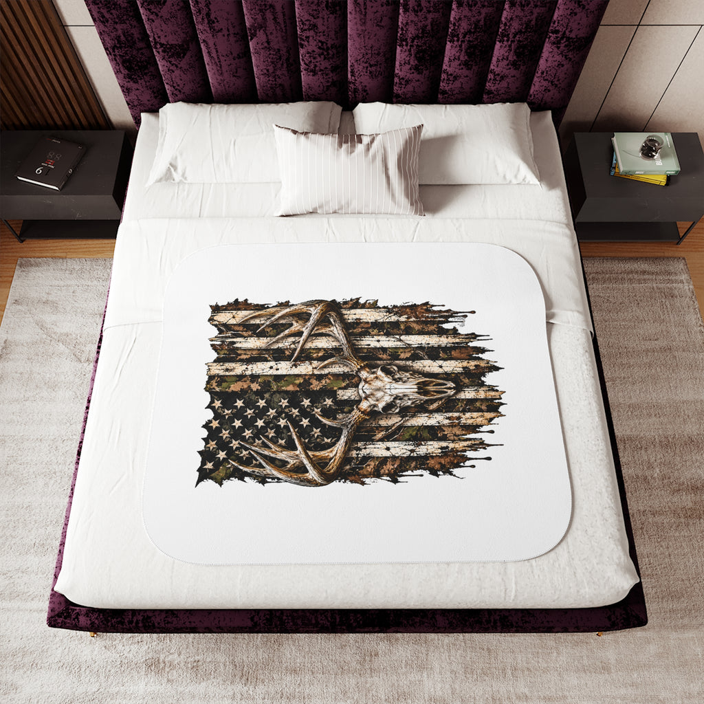 Sherpa Blanket — Rustic American Flag with Antlers Cozy Throw