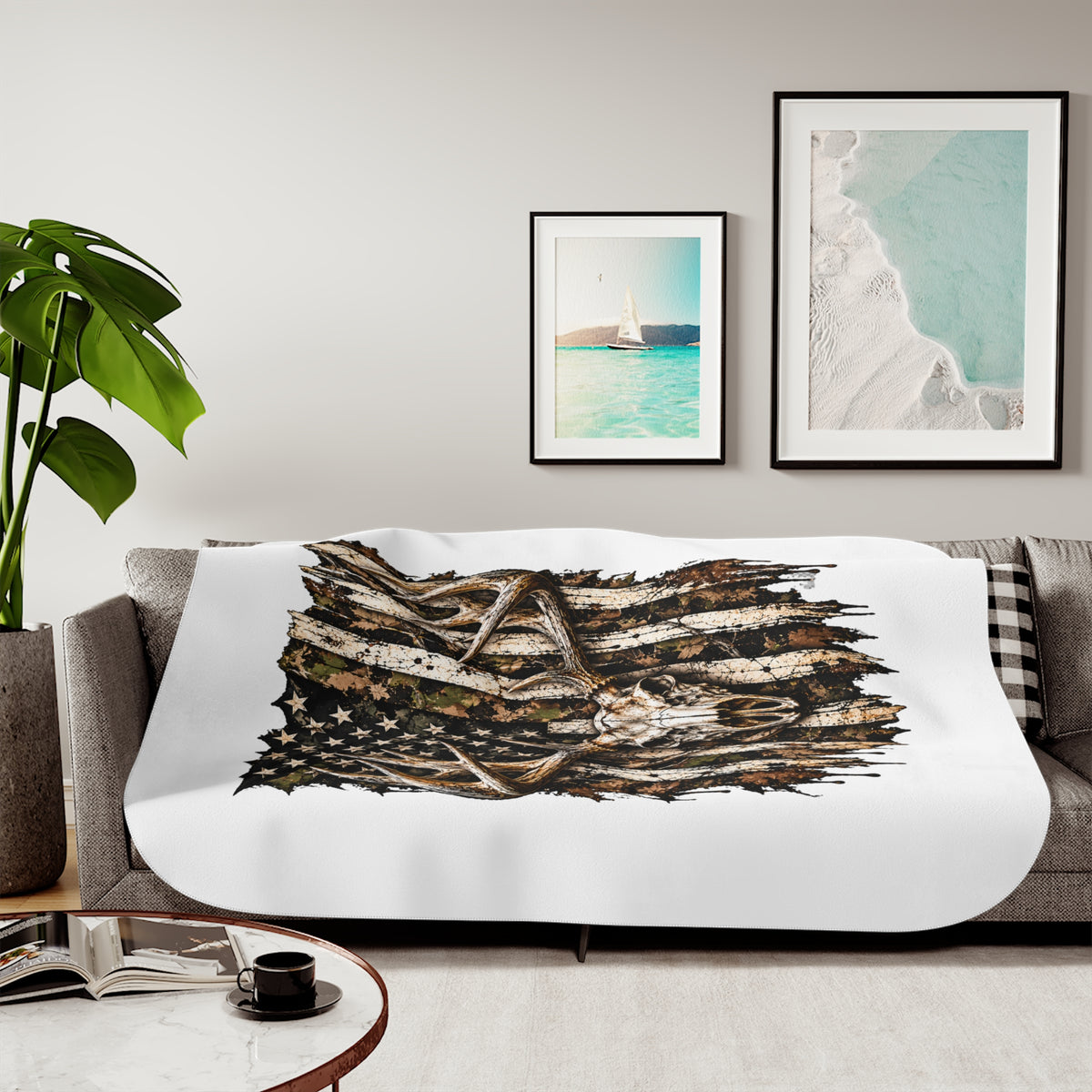 Sherpa Blanket — Rustic American Flag with Antlers Cozy Throw