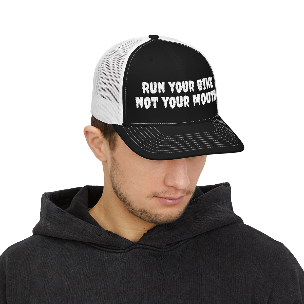 Run Your Bike Not Your Mouth Trucker Cap — Cycling Snapback Hat for Riders