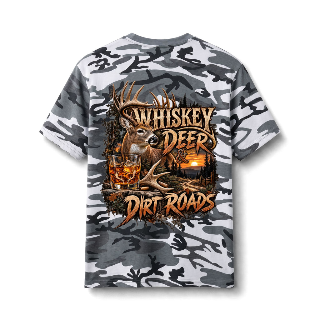 Camo Tee — Whiskey, Deer & Dirt Roads Graphic Tee
