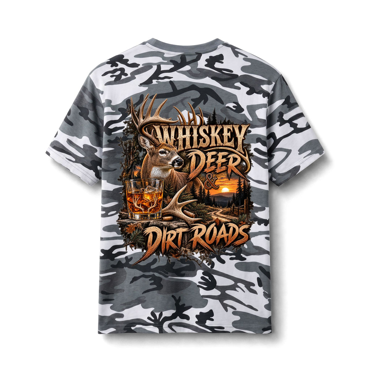 Camo Tee — Whiskey, Deer & Dirt Roads Graphic Tee