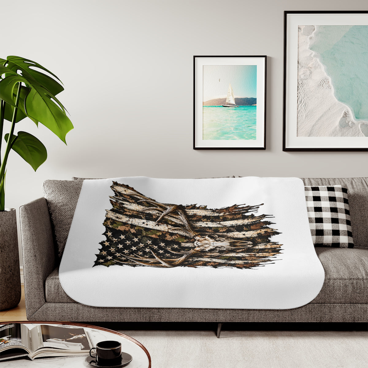 Sherpa Blanket — Rustic American Flag with Antlers Cozy Throw