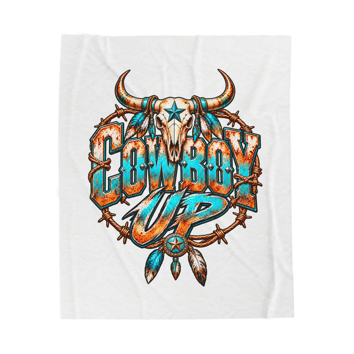 Cowboy Up Velveteen Plush Blanket — Western Skull & Barbed Wire Design