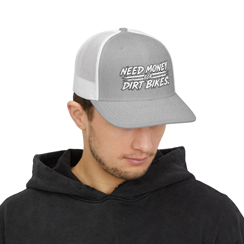 Dirt Bike Snapback Trucker Cap — "Need Money for Dirt Bikes" Mesh Hat