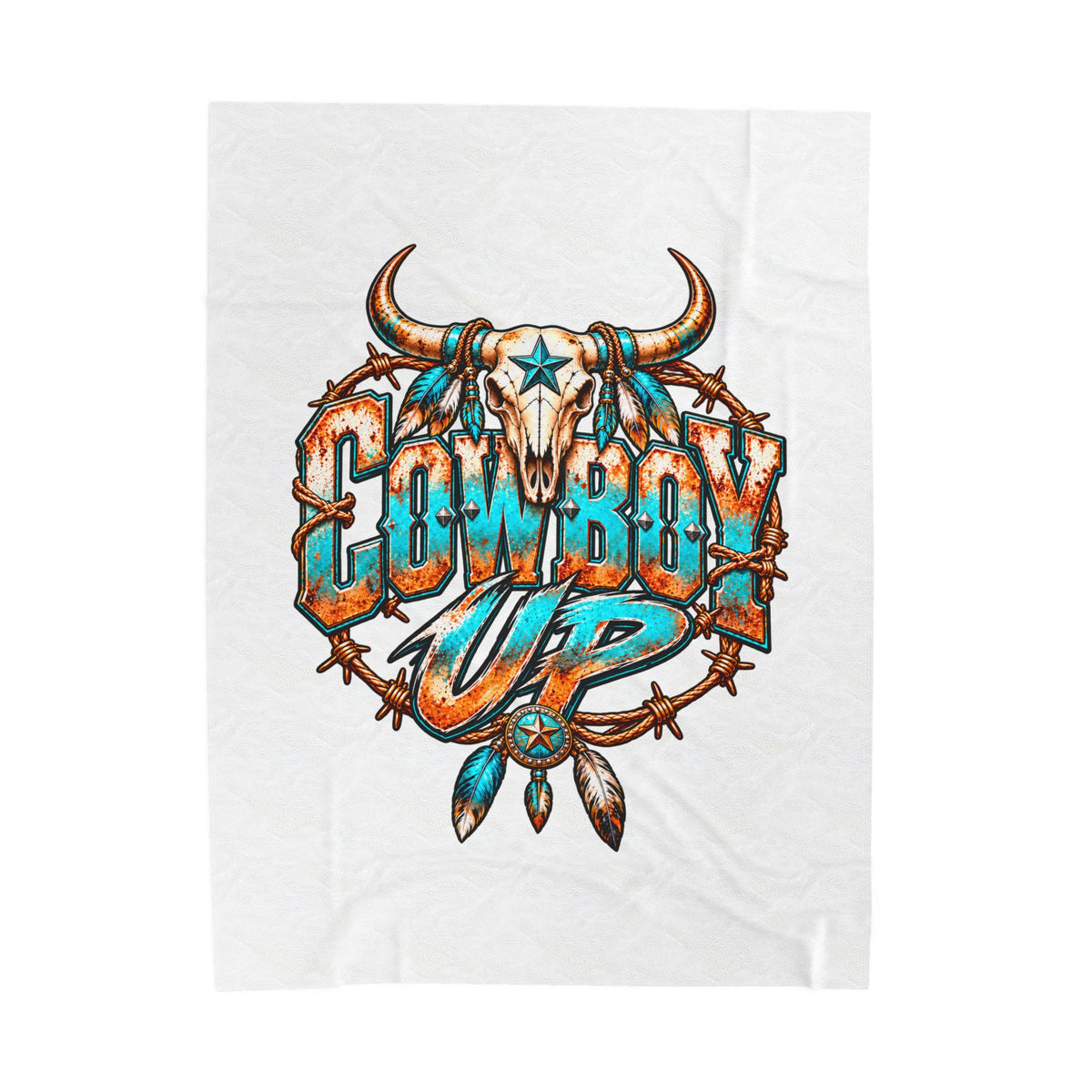 Cowboy Up Velveteen Plush Blanket — Western Skull & Barbed Wire Design
