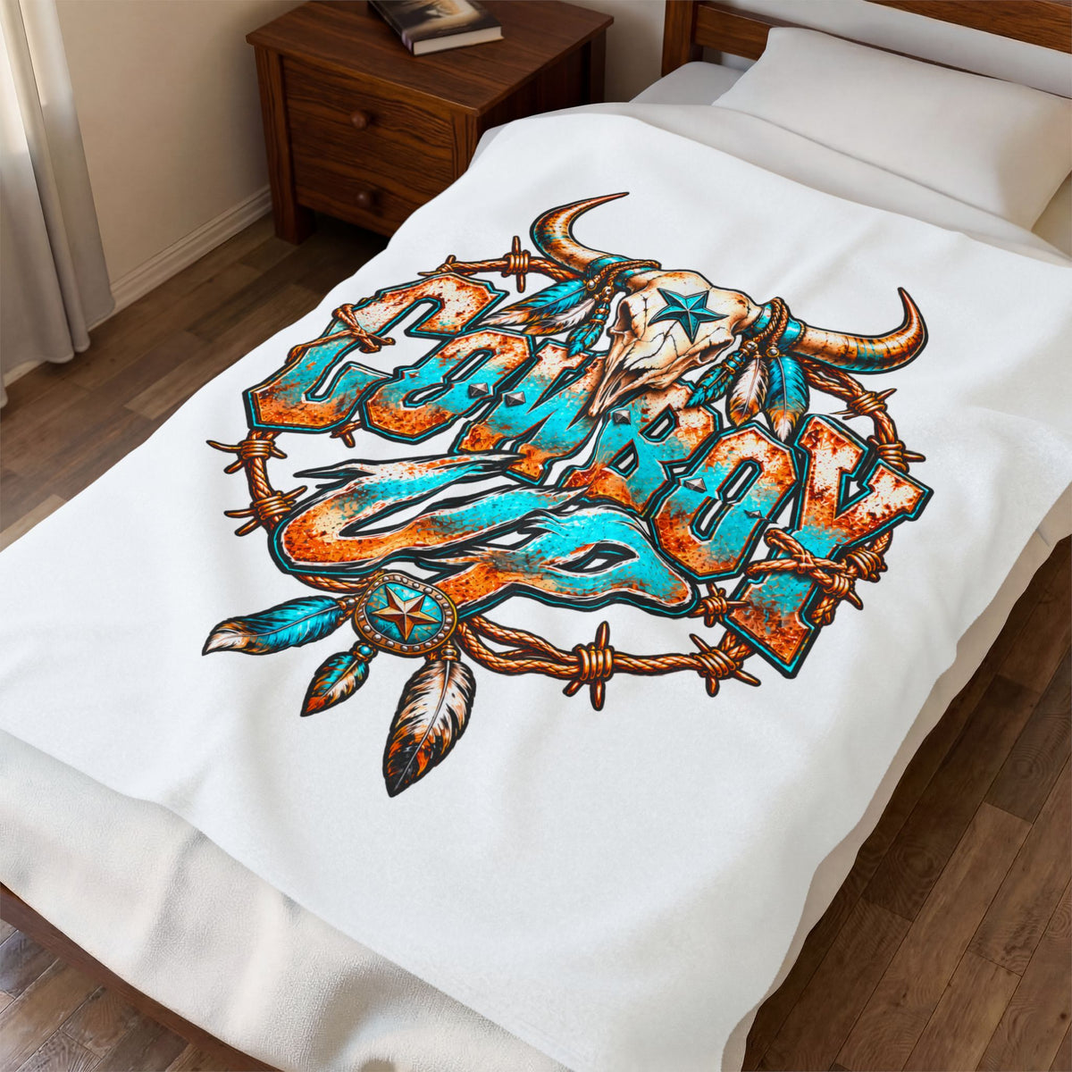 Cowboy Up Velveteen Plush Blanket — Western Skull & Barbed Wire Design