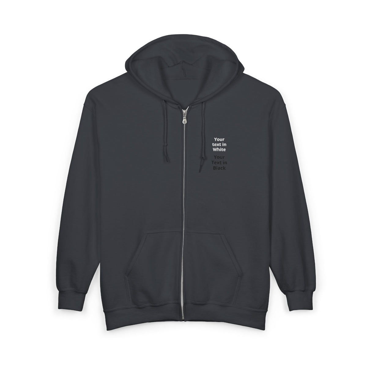 Minimalist White Zip Hoodie — Small Chest Text "Your name here"