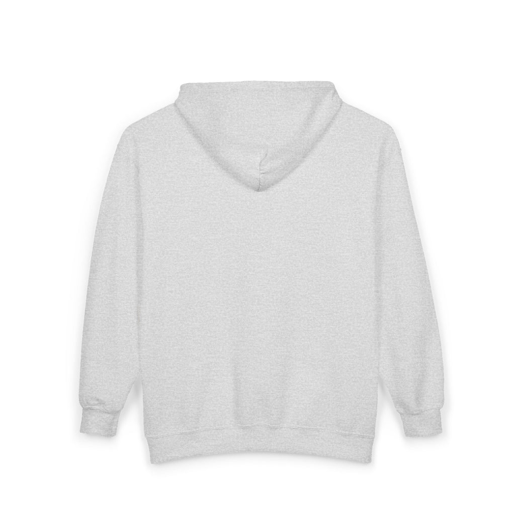 Minimalist White Zip Hoodie — Small Chest Text "Your name here"
