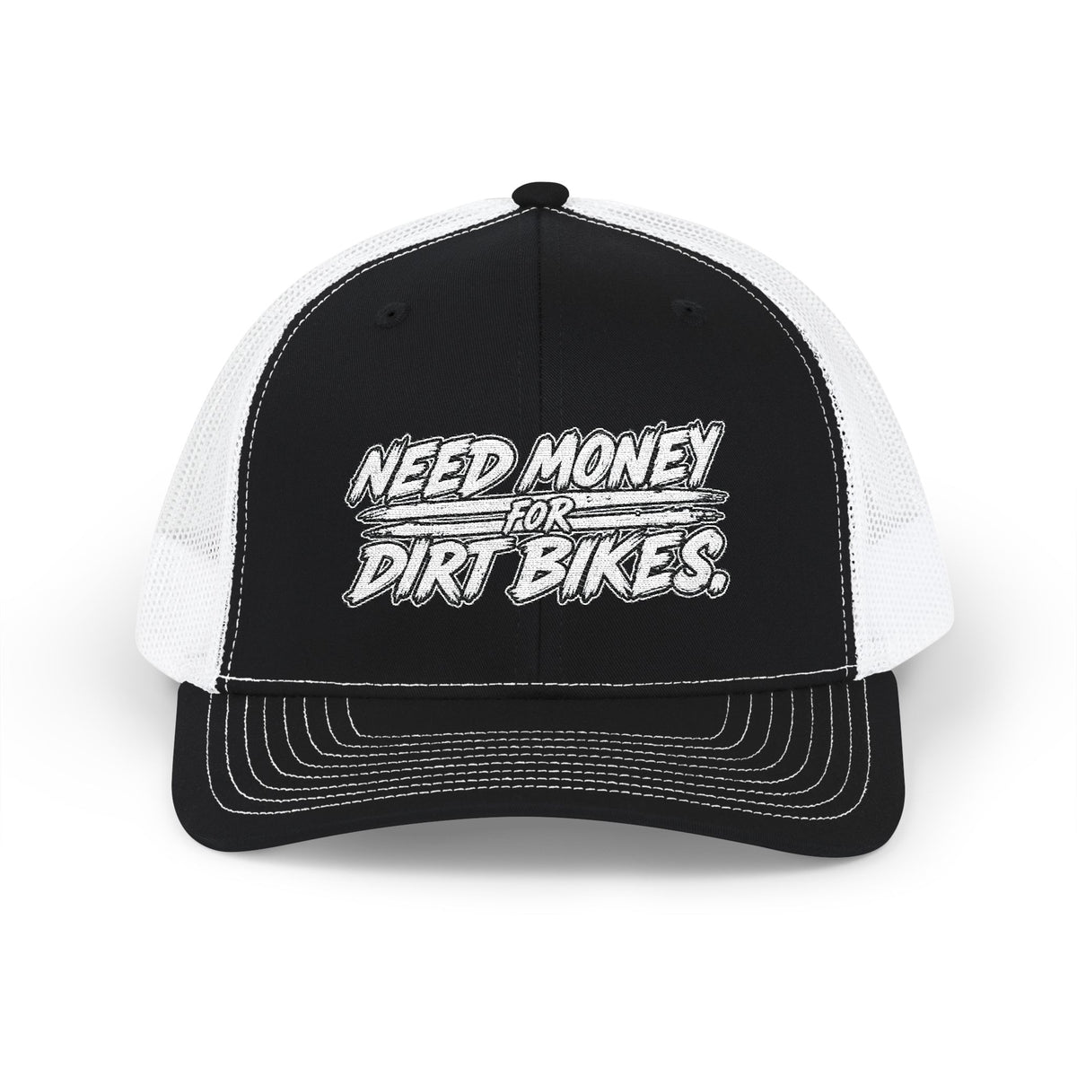 Dirt Bike Snapback Trucker Cap — "Need Money for Dirt Bikes" Mesh Hat