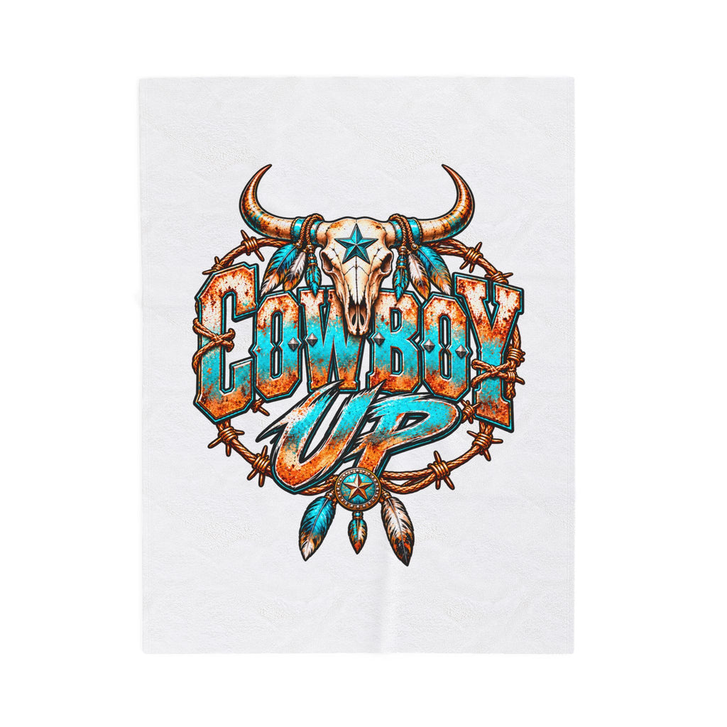 Cowboy Up Velveteen Plush Blanket — Western Skull & Barbed Wire Design