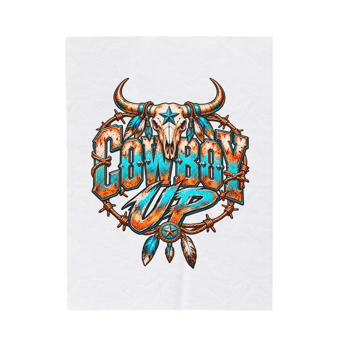 Cowboy Up Velveteen Plush Blanket — Western Skull & Barbed Wire Design