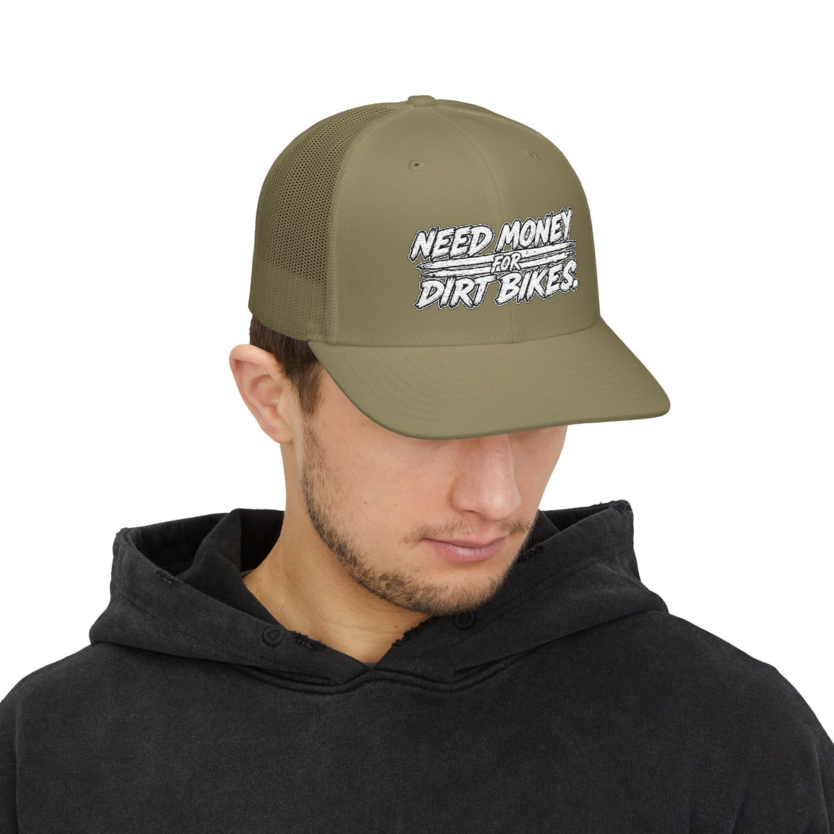 Dirt Bike Snapback Trucker Cap — "Need Money for Dirt Bikes" Mesh Hat