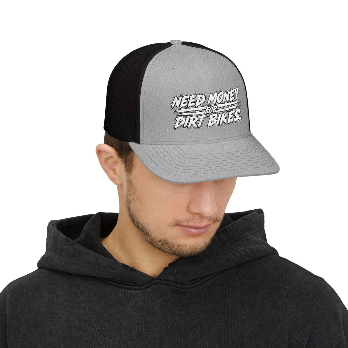 Dirt Bike Snapback Trucker Cap — "Need Money for Dirt Bikes" Mesh Hat