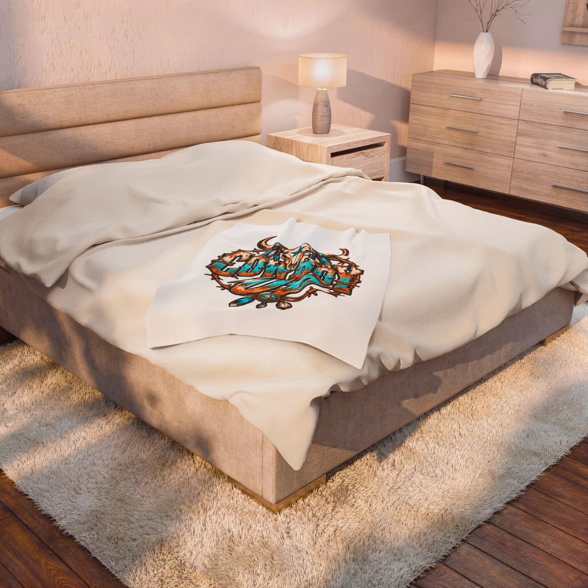 Cowboy Up Velveteen Plush Blanket — Western Skull & Barbed Wire Design