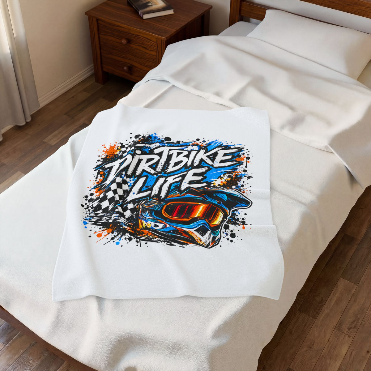 Dirtbike Life Velveteen Plush Blanket — Racing Helmet Graphic Throw for Motocross Fans
