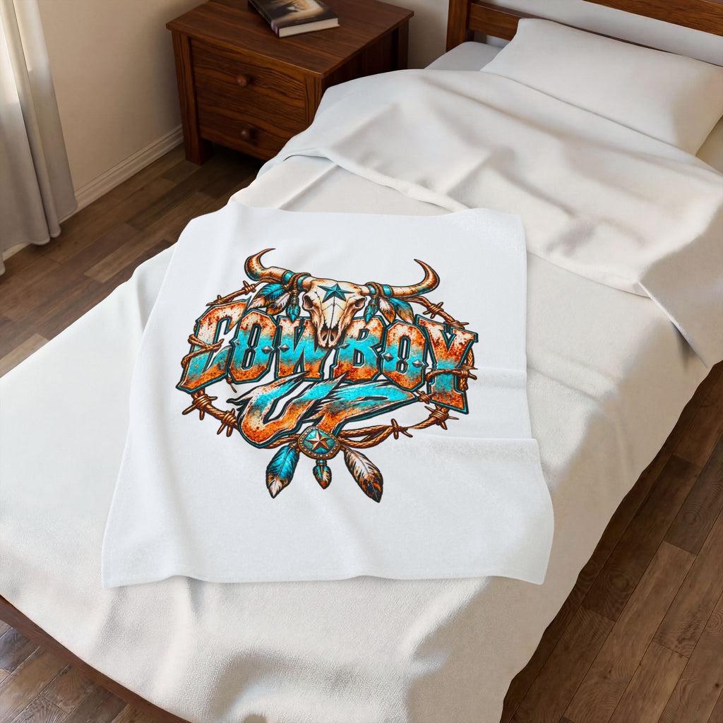 Cowboy Up Velveteen Plush Blanket — Western Skull & Barbed Wire Design