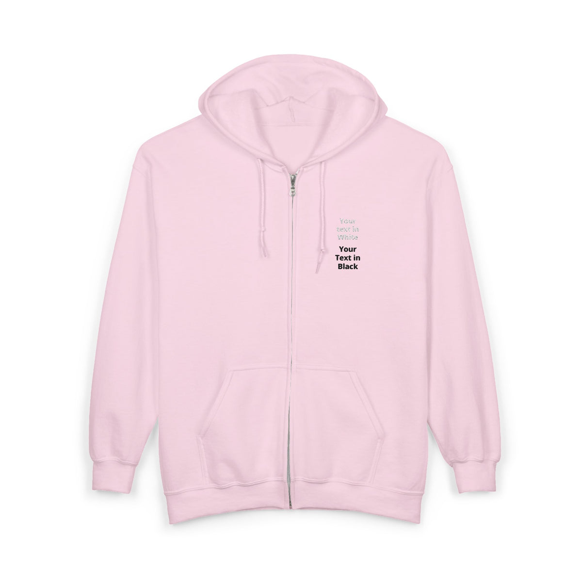 Minimalist White Zip Hoodie — Small Chest Text "Your name here"