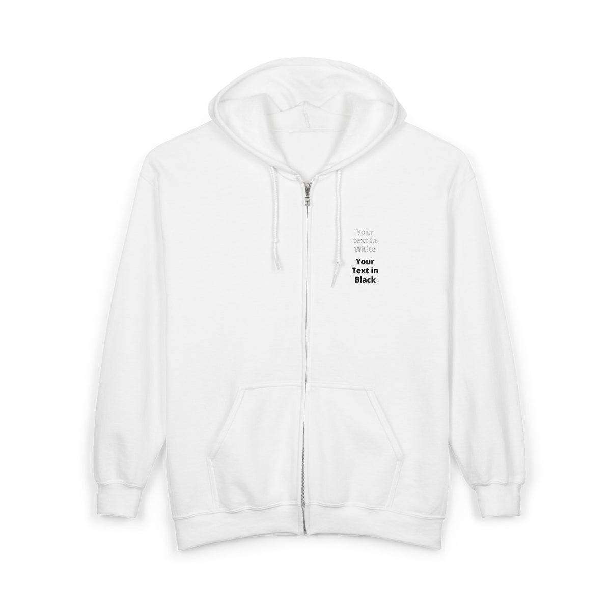 Minimalist White Zip Hoodie — Small Chest Text "Your name here"