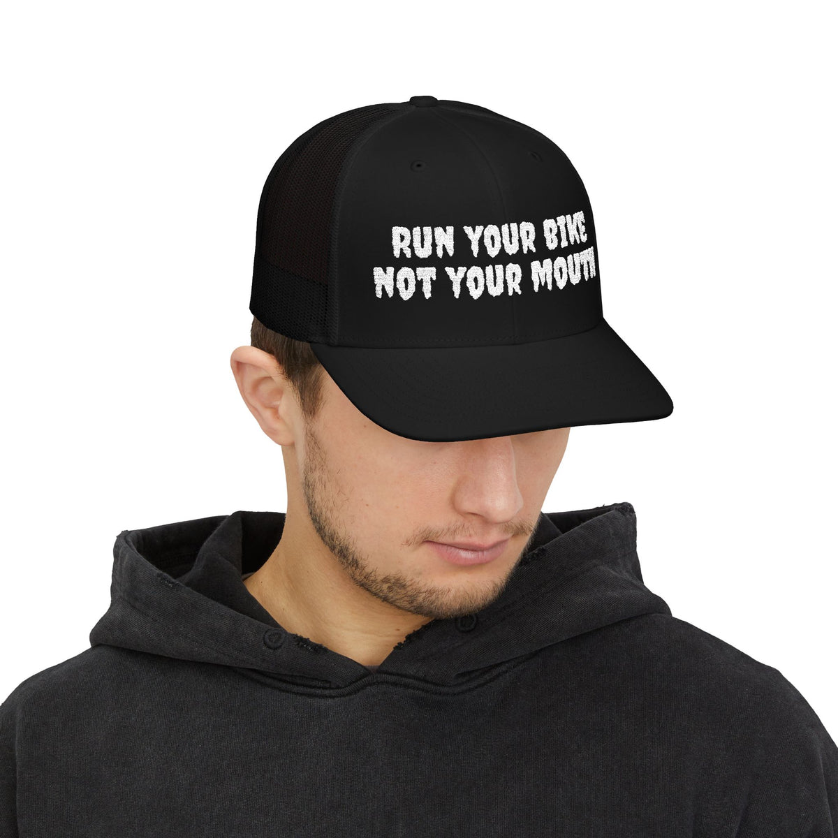 Run Your Bike Not Your Mouth Trucker Cap — Cycling Snapback Hat for Riders