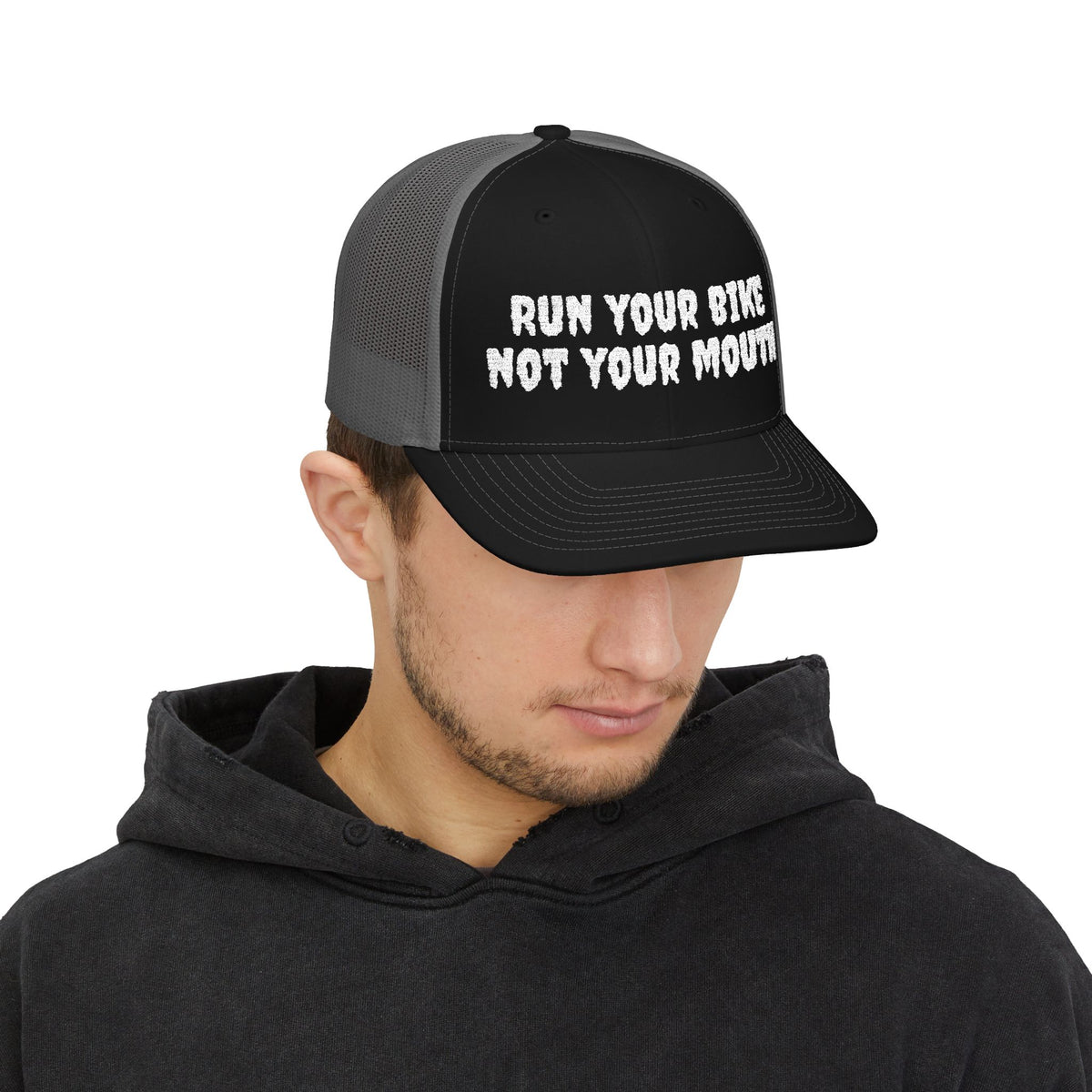 Run Your Bike Not Your Mouth Trucker Cap — Cycling Snapback Hat for Riders