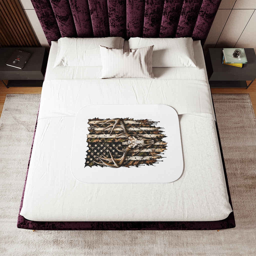 Sherpa Blanket — Rustic American Flag with Antlers Cozy Throw