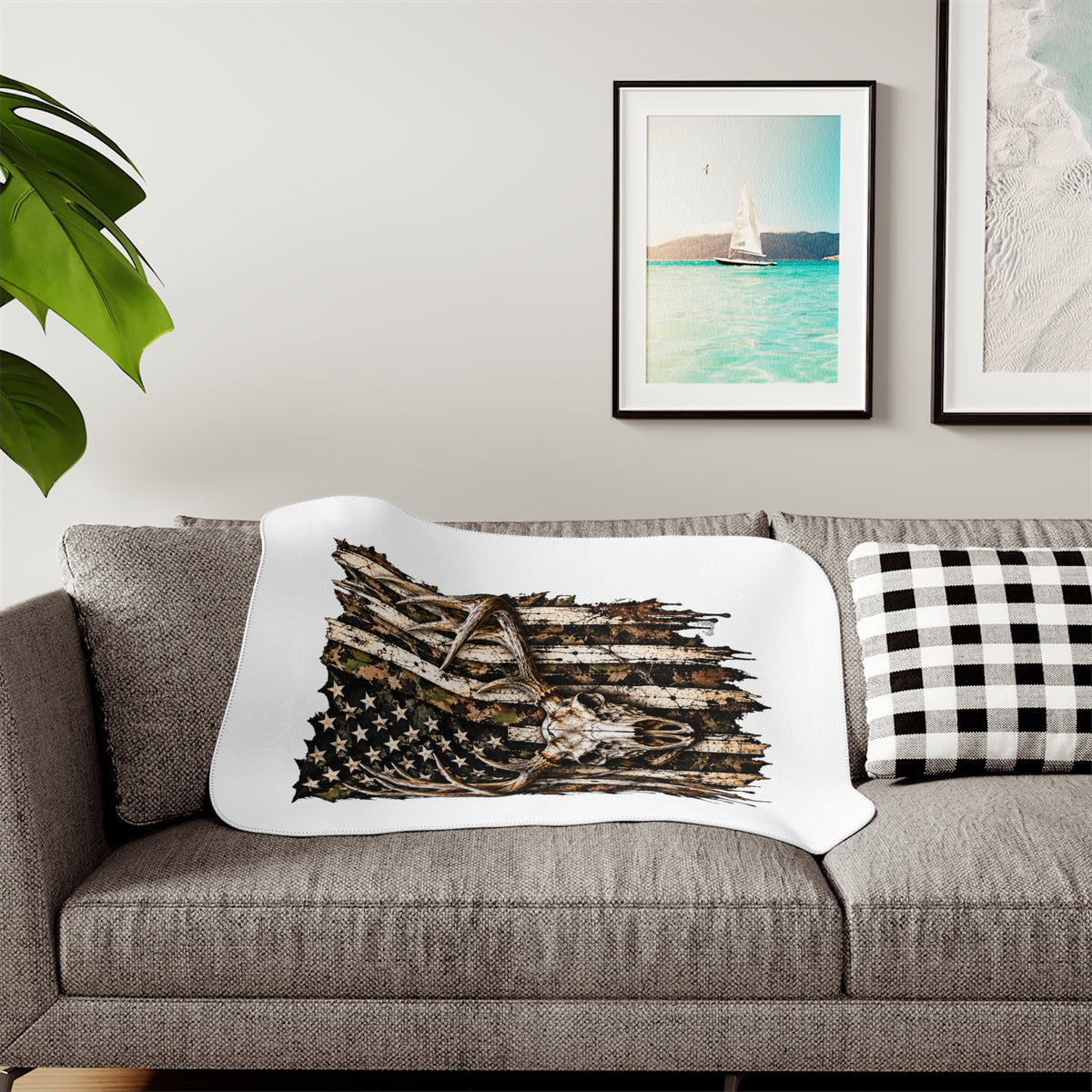 Sherpa Blanket — Rustic American Flag with Antlers Cozy Throw