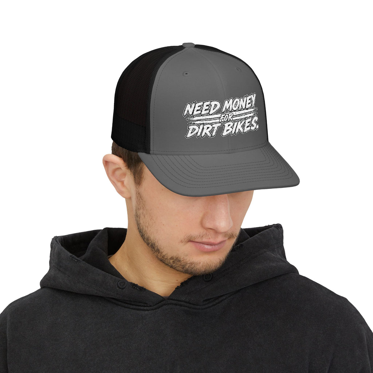 Dirt Bike Snapback Trucker Cap — "Need Money for Dirt Bikes" Mesh Hat