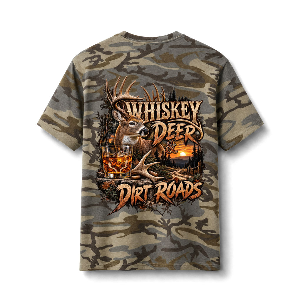 Camo Tee — Whiskey, Deer & Dirt Roads Graphic Tee