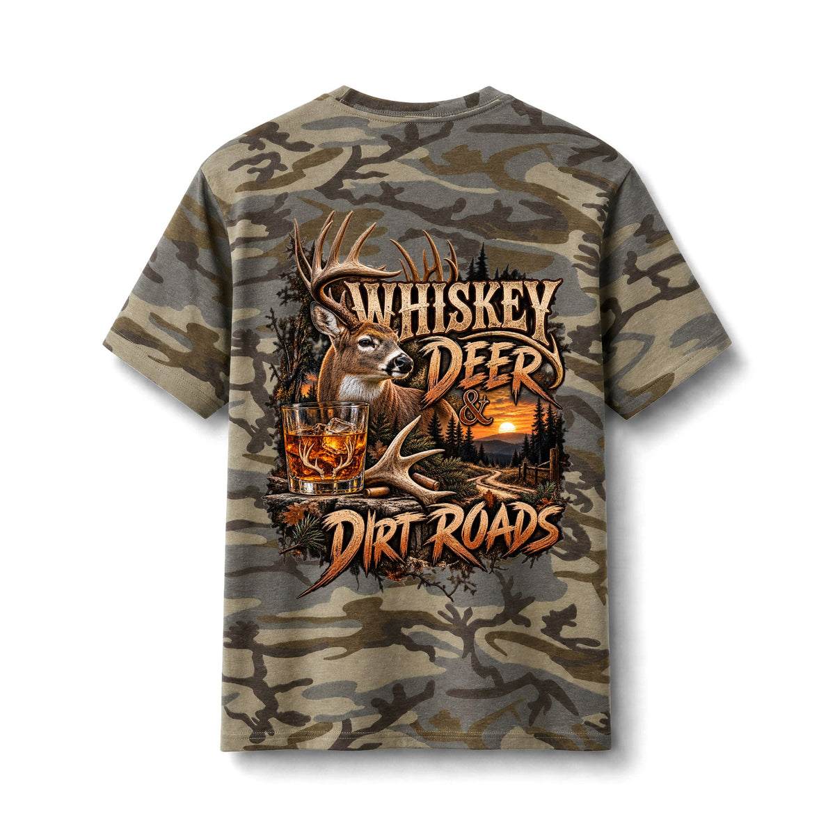 Camo Tee — Whiskey, Deer & Dirt Roads Graphic Tee