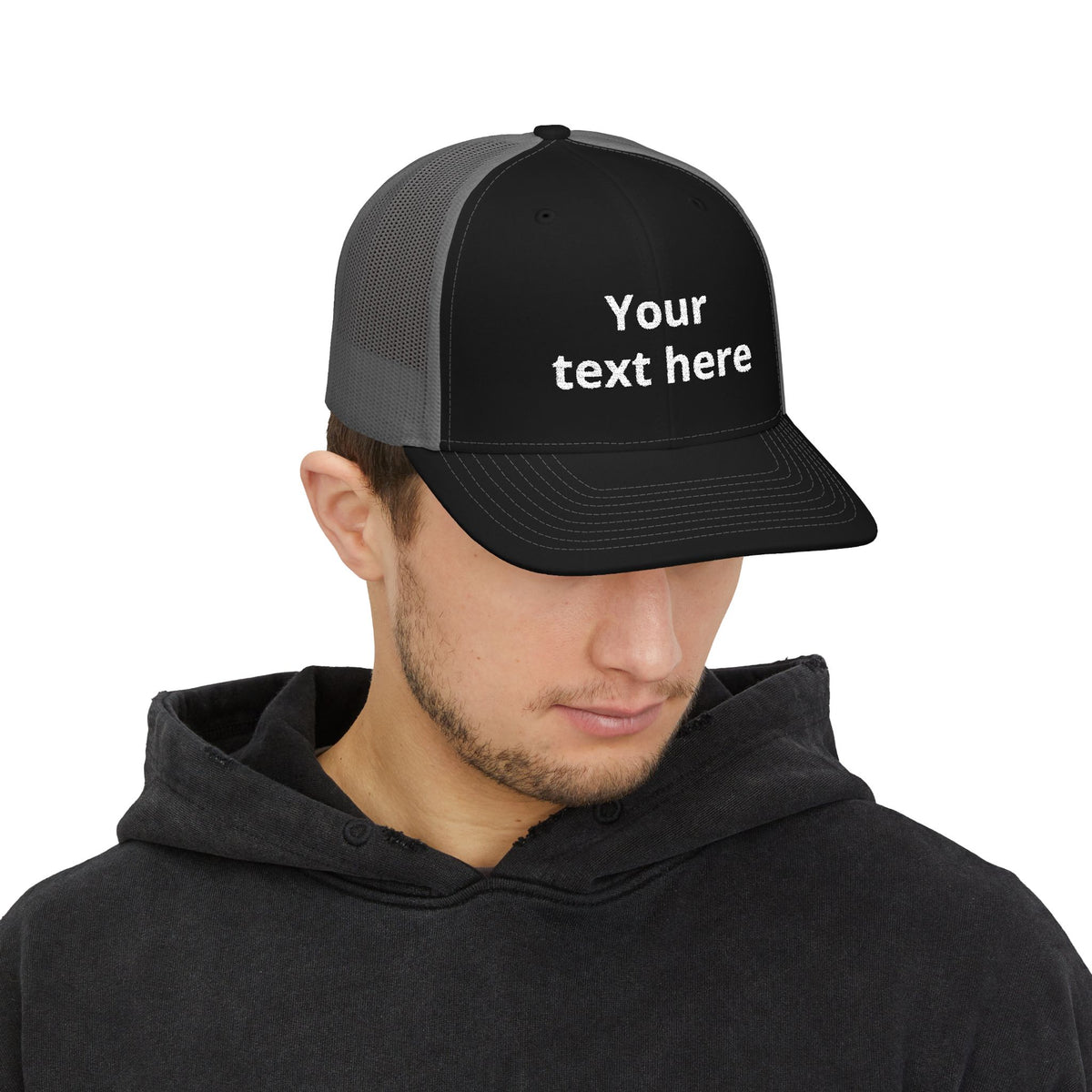Customizable Snapback Trucker Cap — Personalized Text Embroidered Mesh Hat