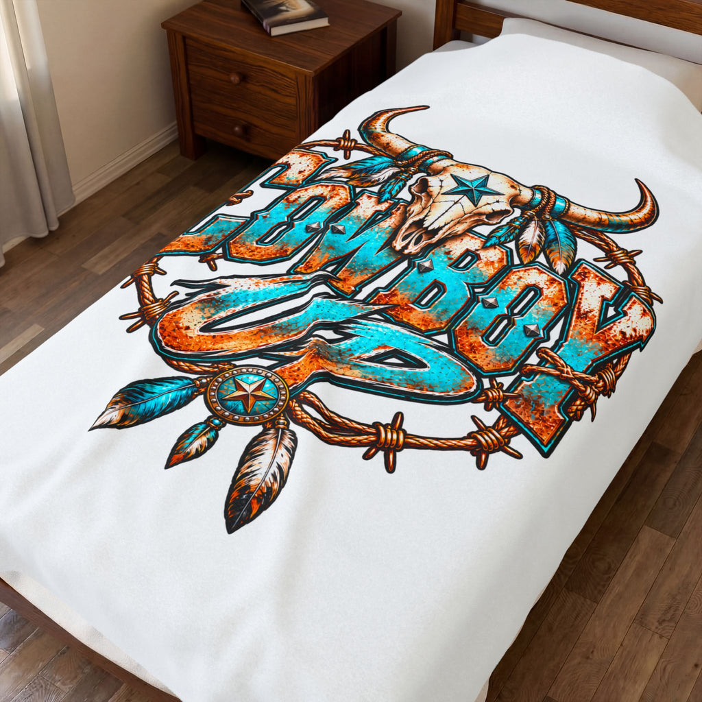 Cowboy Up Velveteen Plush Blanket — Western Skull & Barbed Wire Design