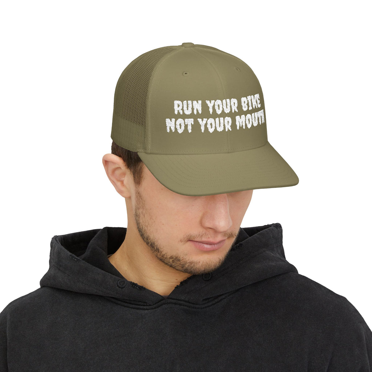 Run Your Bike Not Your Mouth Trucker Cap — Cycling Snapback Hat for Riders