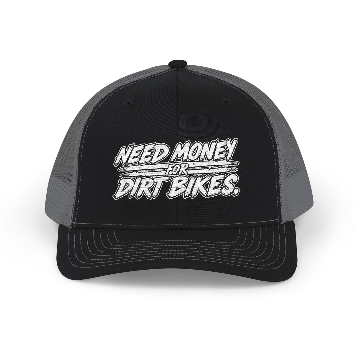Dirt Bike Snapback Trucker Cap — "Need Money for Dirt Bikes" Mesh Hat