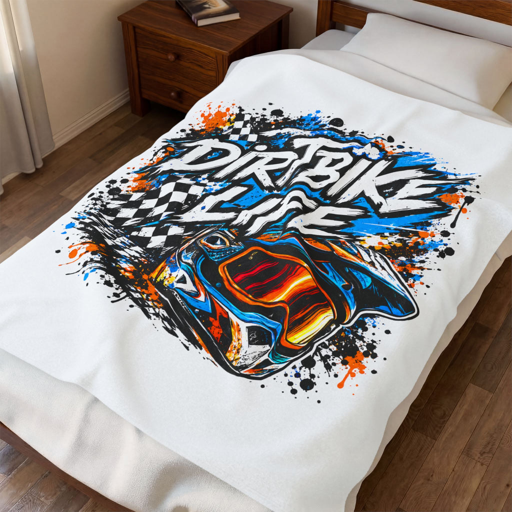 Dirtbike Life Velveteen Plush Blanket — Racing Helmet Graphic Throw for Motocross Fans