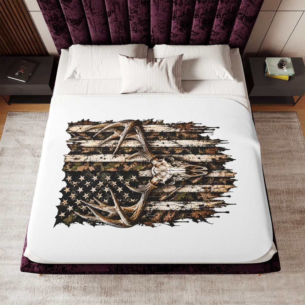 Sherpa Blanket — Rustic American Flag with Antlers Cozy Throw