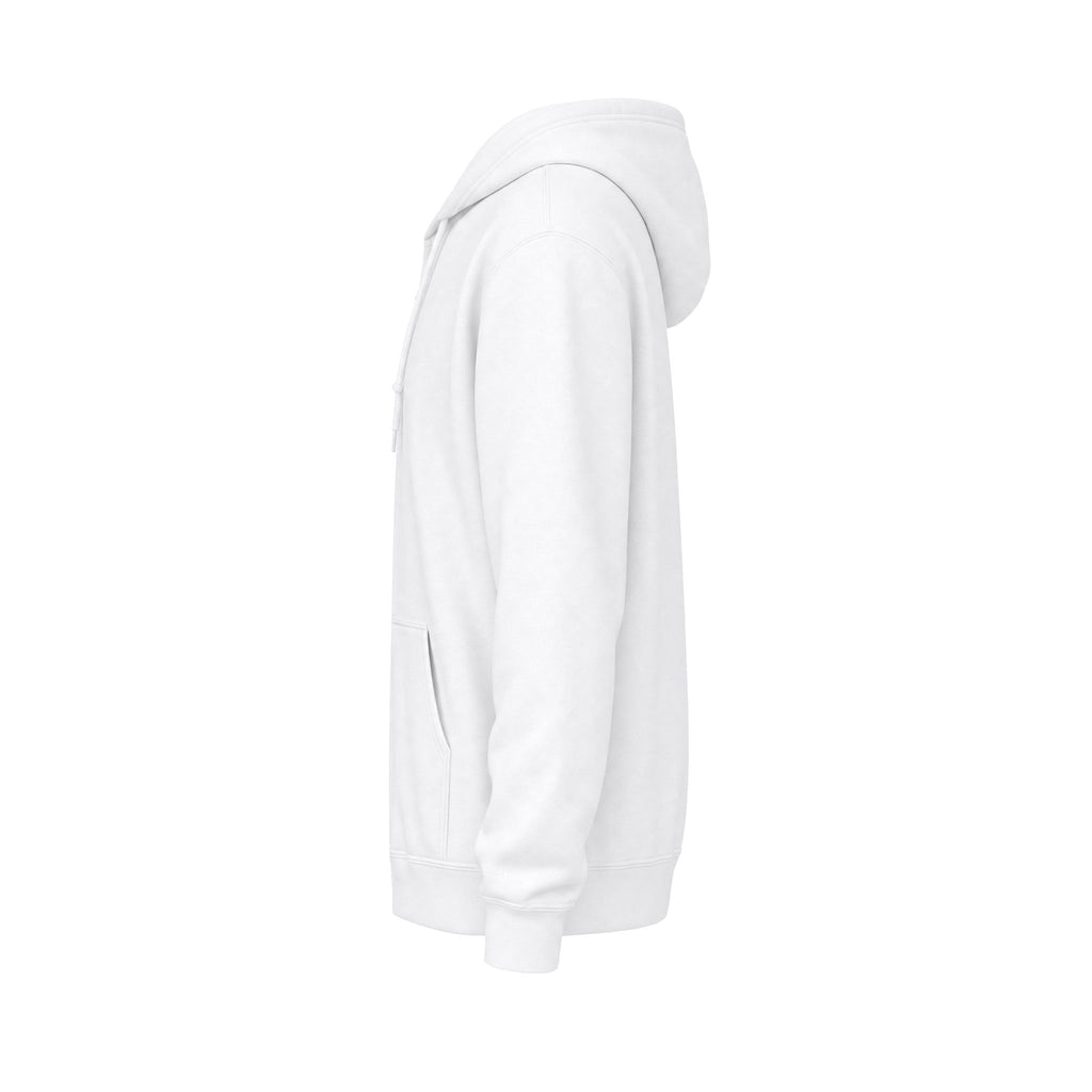 Minimalist White Zip Hoodie — Small Chest Text "Your name here"