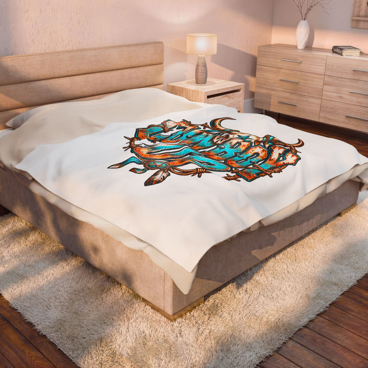 Cowboy Up Velveteen Plush Blanket — Western Skull & Barbed Wire Design