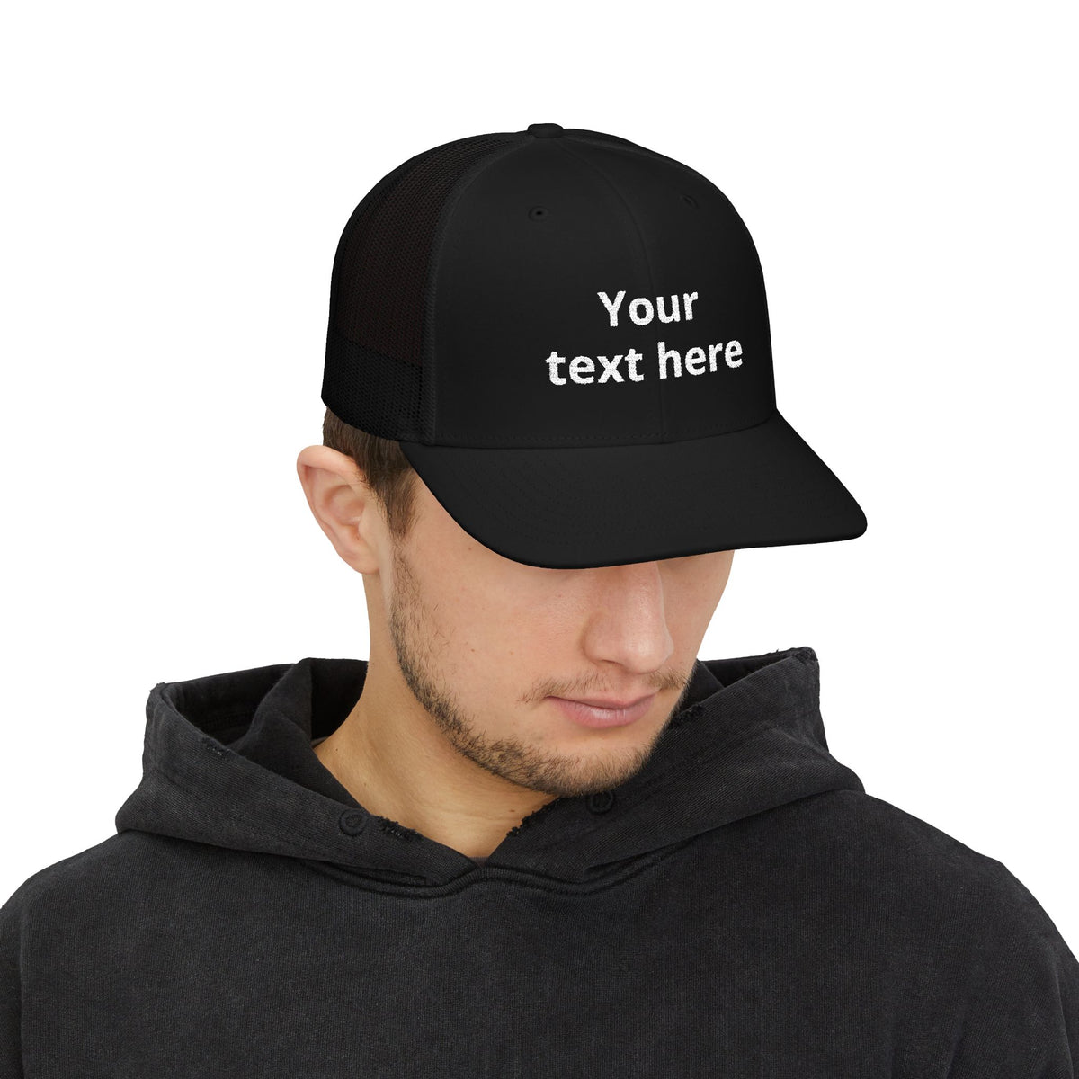 Customizable Snapback Trucker Cap — Personalized Text Embroidered Mesh Hat