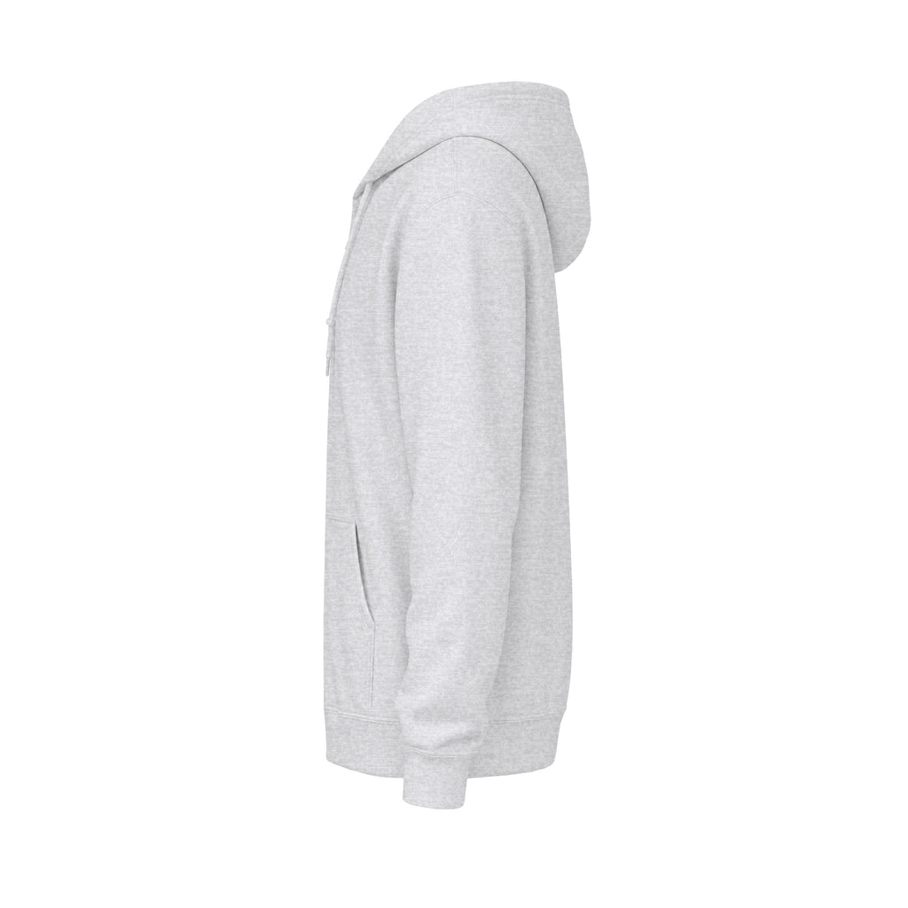 Minimalist White Zip Hoodie — Small Chest Text "Your name here"