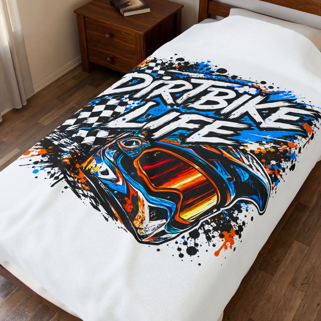 Dirtbike Life Velveteen Plush Blanket — Racing Helmet Graphic Throw for Motocross Fans