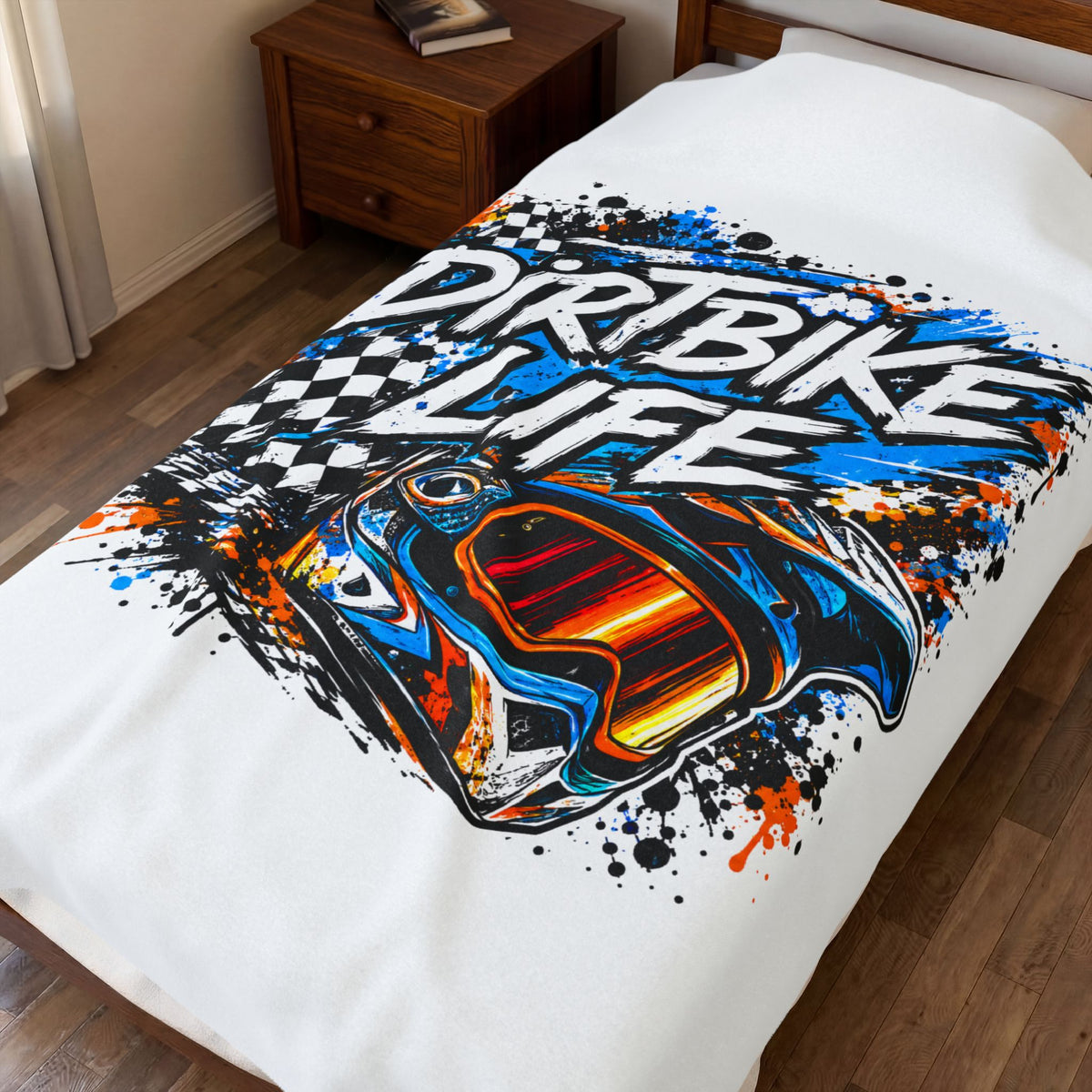 Dirtbike Life Velveteen Plush Blanket — Racing Helmet Graphic Throw for Motocross Fans