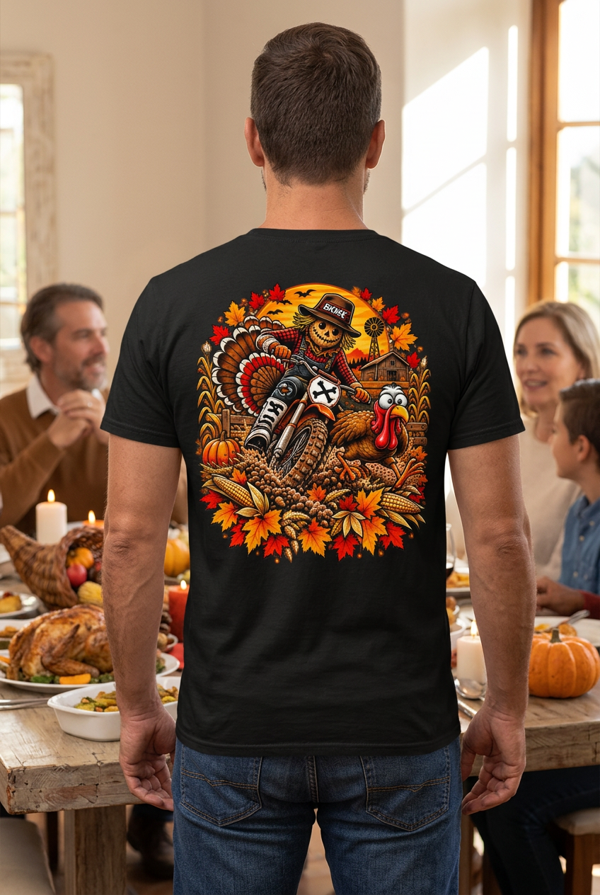 BKMX Thanksgiving Tee at a Thanksgiving dinner gathering