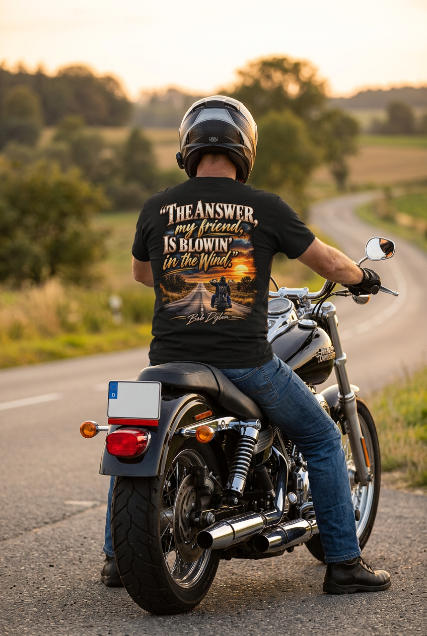 Blowin in the Wind tee on a guy seated on a Harley