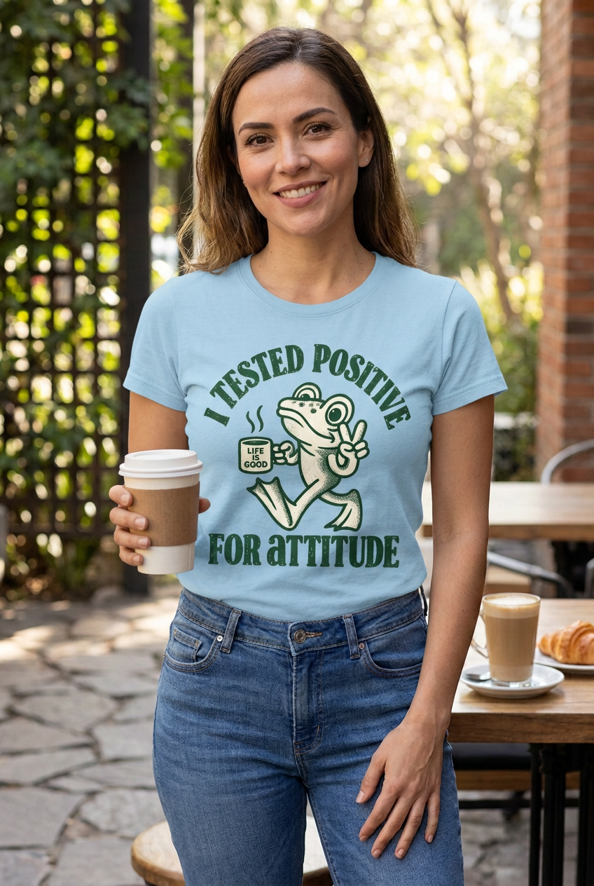 Blue frog graphic tee on a woman holding coffee
