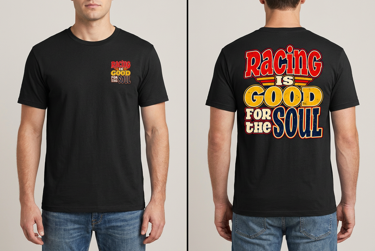 Front-and-back black racing tee mockup