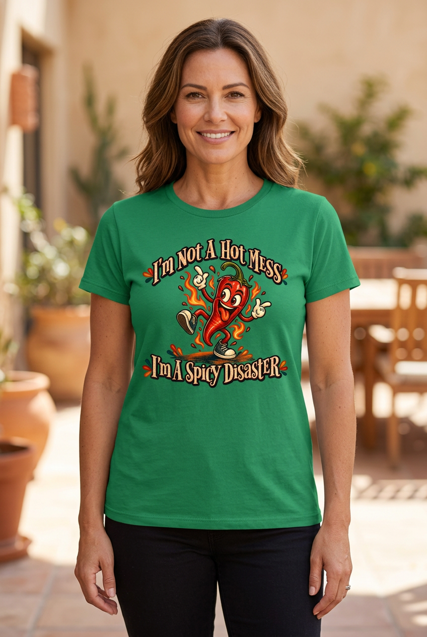 Green Spicy Disaster tee on a woman outdoors
