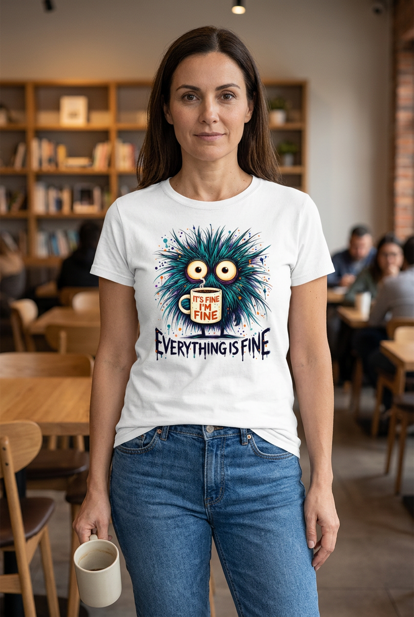 I’m Fine white tee coffee-shop mockup