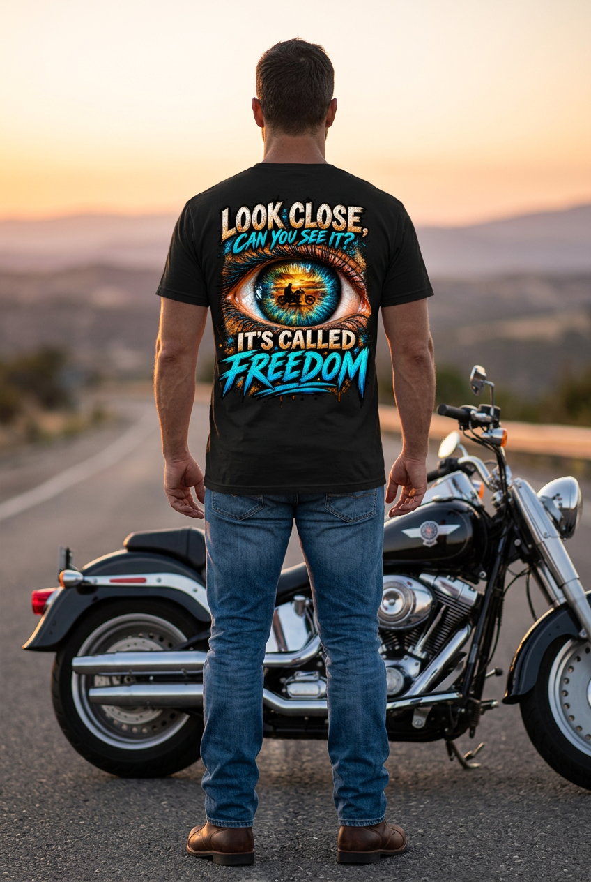 It’s Called Freedom tee on a male model beside a motorcycle