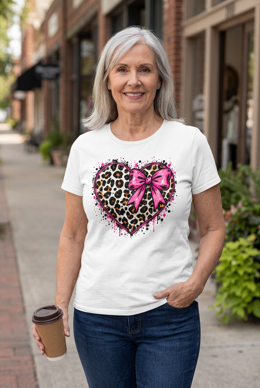 Leopard-heart tee mockup with an older woman