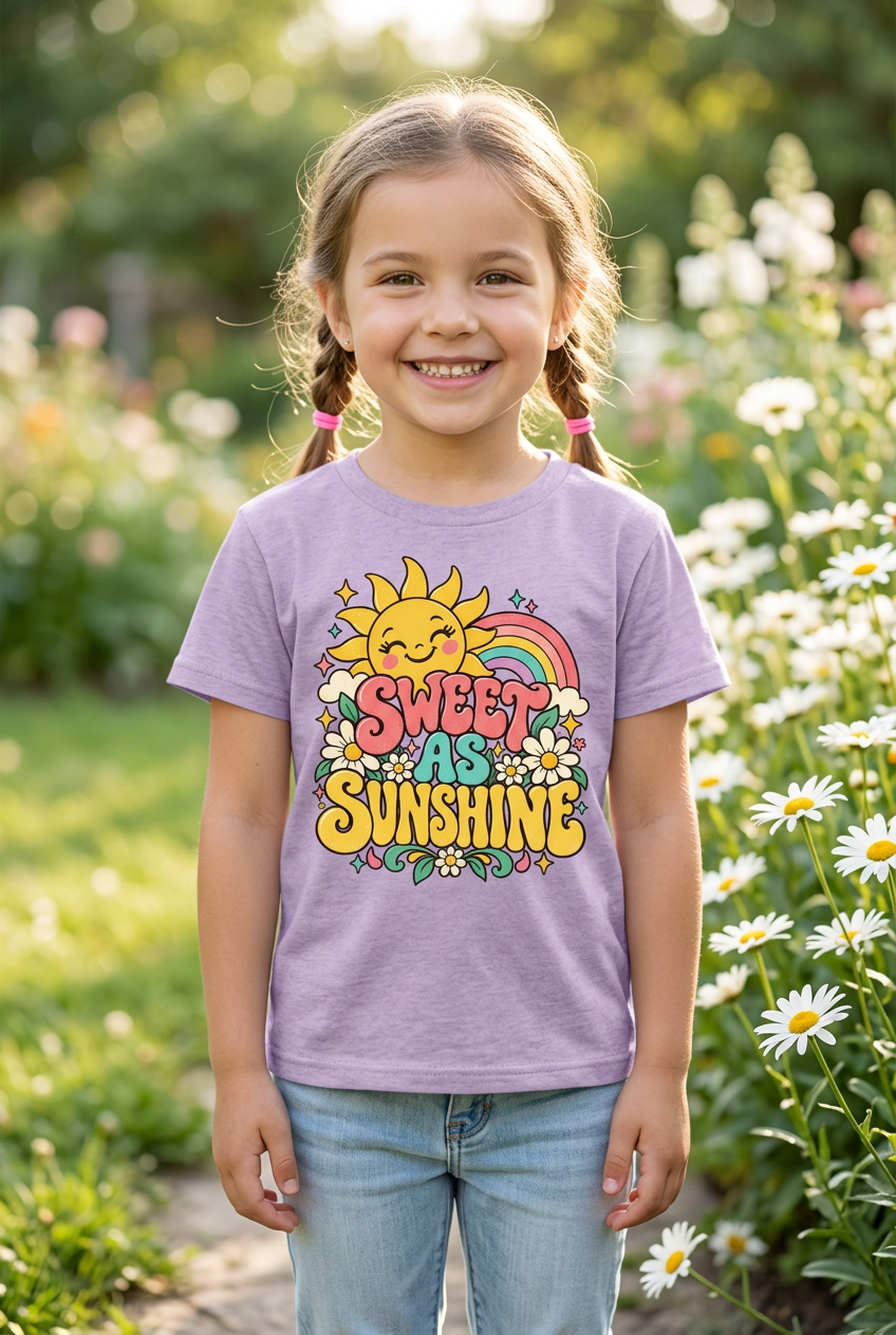 Little girl wearing purple Sweet as Sunshine tee